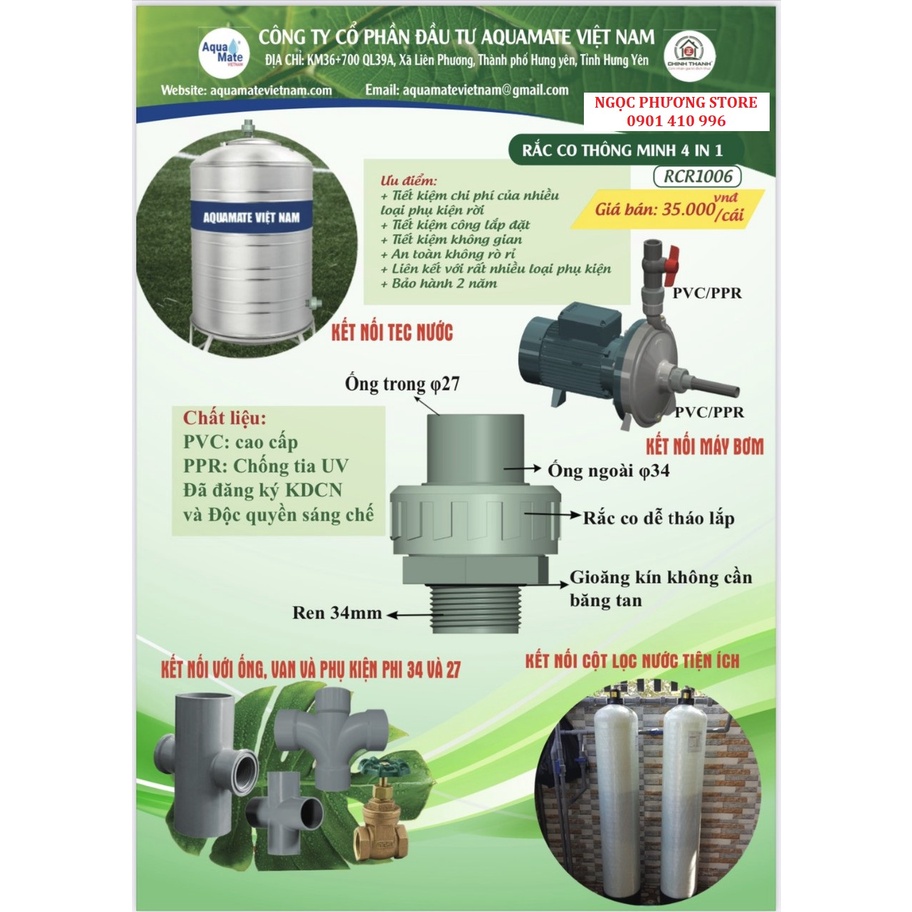 Rắc co nhựa ren ngoài 34mm  cắm ống PVC 27mm AQUAMATE