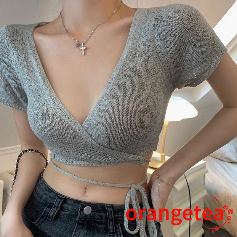 Áo Dệt Kim Tay Ngắn Cổ Chữ V Màu Sắc Trơn Dành Cho Nữ