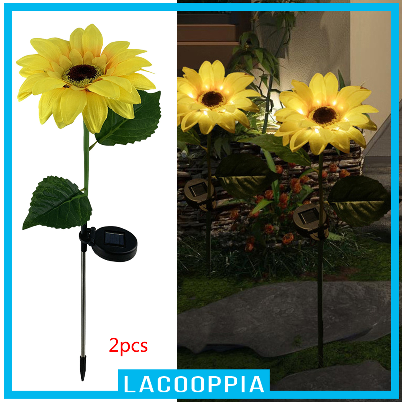 [LACOOPPIA]2 Pack Outdoor Yard Garden Solar Power Sunflowers Lights Pathway Patio Decor