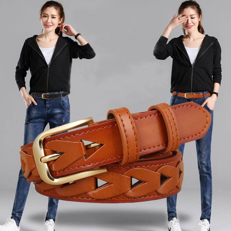 Thắt lưng nữ/ Women's hollow leather belt women's wide casual wild Korean version of the retro pin buckle ladies belt jeans with female decorative tide