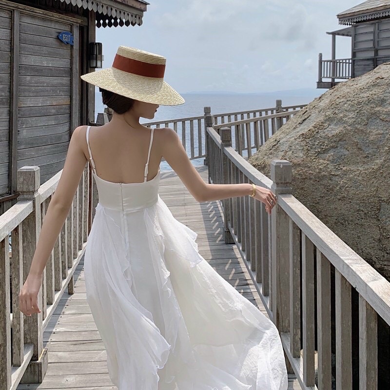 G1- đầm maxi voan bèo trắng 2 dây
