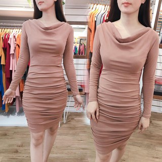 546 - Đầm ôm body cổ đỗ tay dài dún sườn
