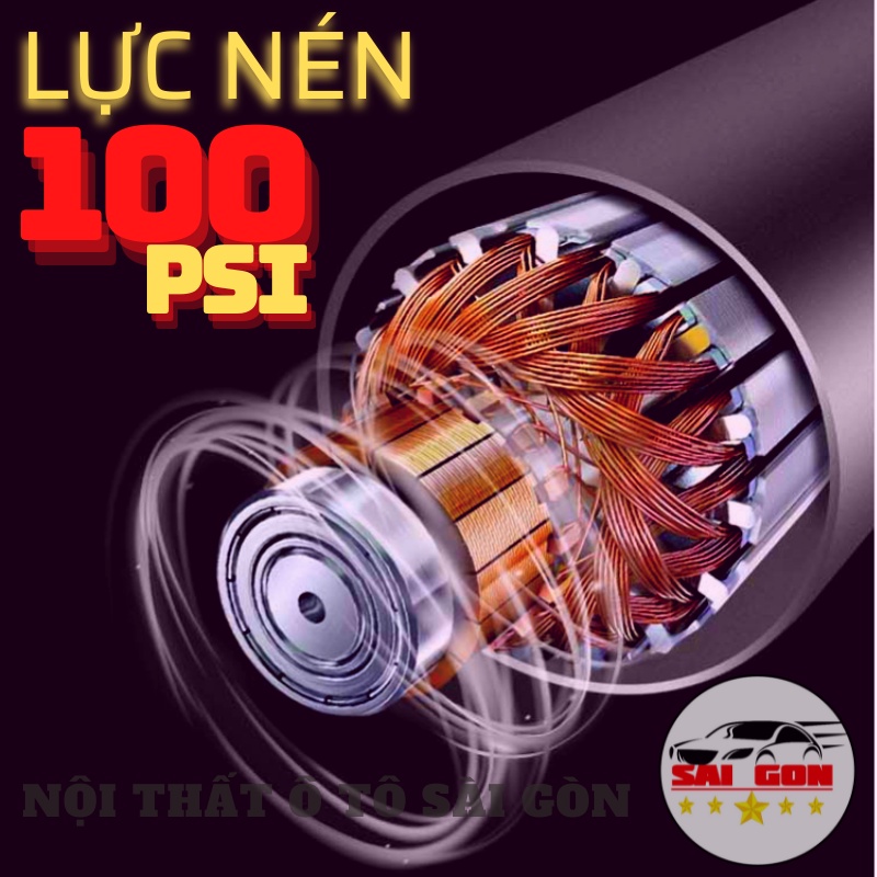 Bơm ô tô mini 12V lực nén 100 PSI lưu lượng khí 35 lít/ phút, sản phẩm bơm xe hơi được bảo hành chính hãng