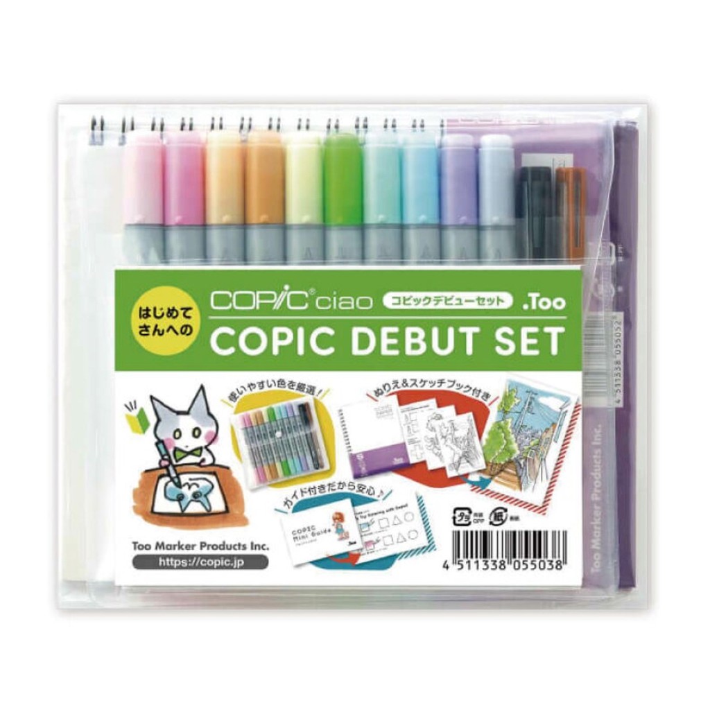 Bộ màu marker Copic Ciao Debut Set 10 cây Pastel + 2 bút Line ( Black Và Sepia ) + 1 sổ vẽ Copic kèm quà tặng