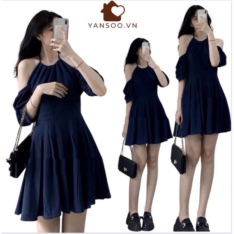 Váy  cổ yếm dáng xoè trễ vai sang chanh , váy trễ vai tay bồng tiểu thư màu xanh than đẹp hàng hai lớp by YANSOO