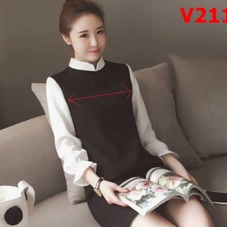 Váy đen tay dài trắng cổ tàu