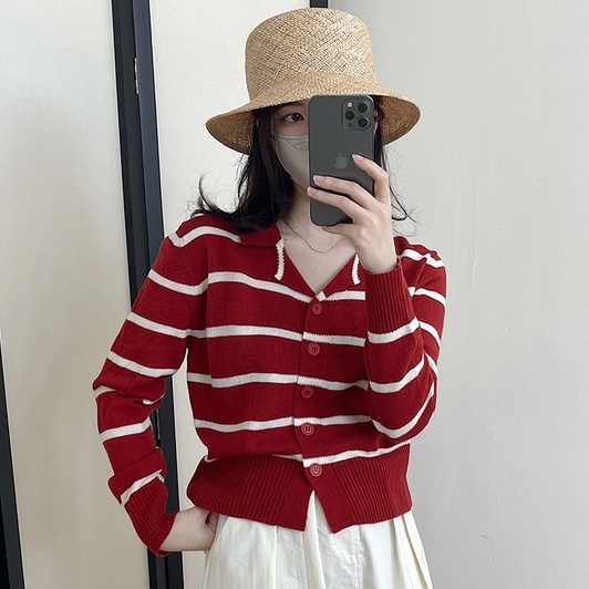 【ZHELIHANGFEI】Áo Cardigan Dệt Kim Dáng Rộng Họa Tiết Kẻ Sọc Dễ Phối Đồ