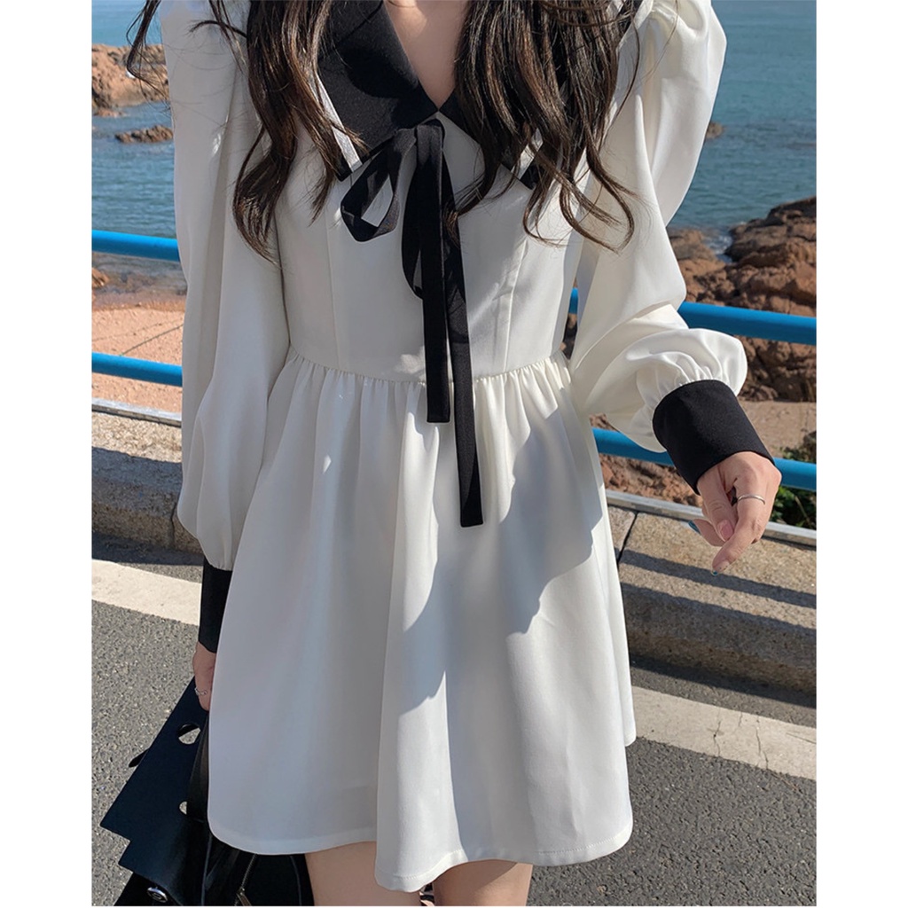 Đầm Babydoll thủy thủ dài tay Váy Trắng đen sơ mi ulzzang công chúa suông đẹp nữ Kozoda D35