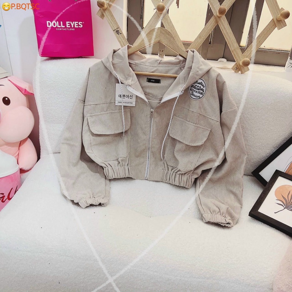 Áo khoác nhung nữ thêu chữ trước sau GDDG 1 lớp croptop