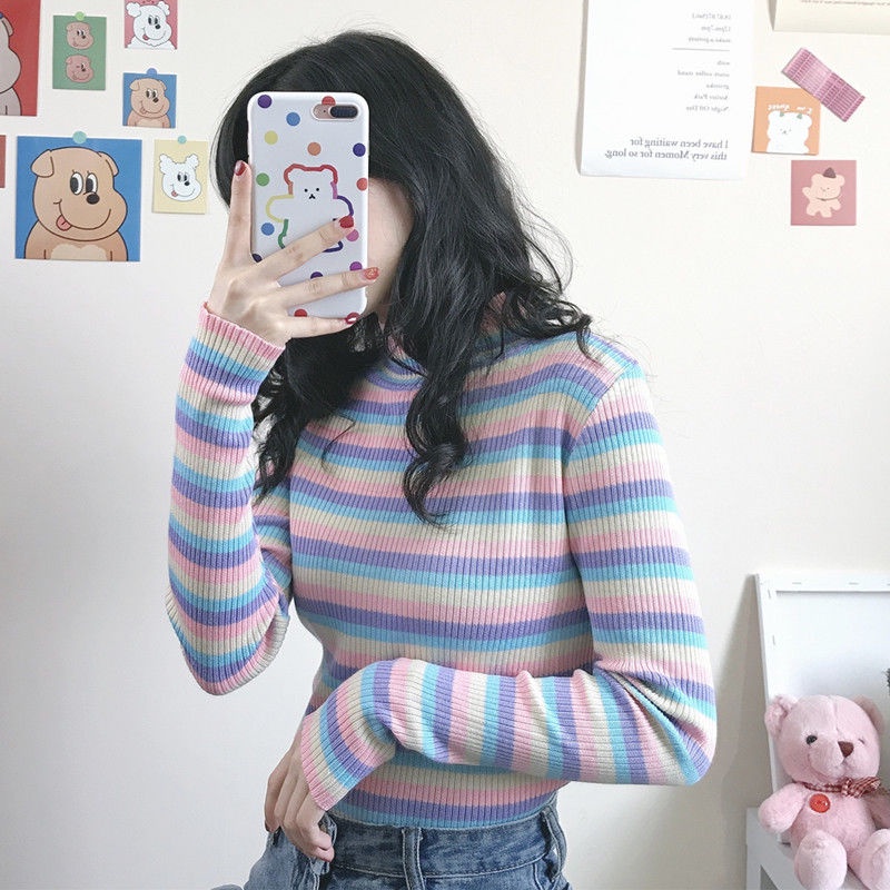 Áo Sweater Dài Tay Cổ Cao Thiết Kế Mỏng Họa Tiết Sọc Cầu Vồng Mới Thời Trang