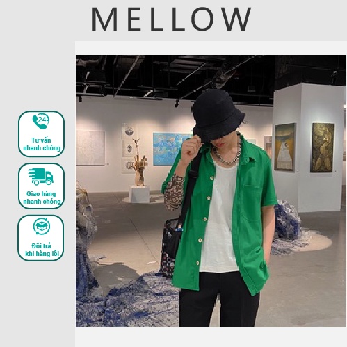 Áo Sơmi Xanh lá Cộc tay Nam nữ Hàn quốc thương hiệu mellow