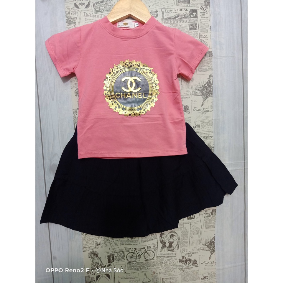 Set váy bé gái, Set chân váy kèm áo thun cotton họa tiết Chanel