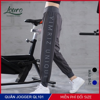 Quần tập Gym nữ Louro QL101-1, mẫu quần Jogger chữ to chạy dọc, dáng năng động, che khuyết điểm rõ rệt