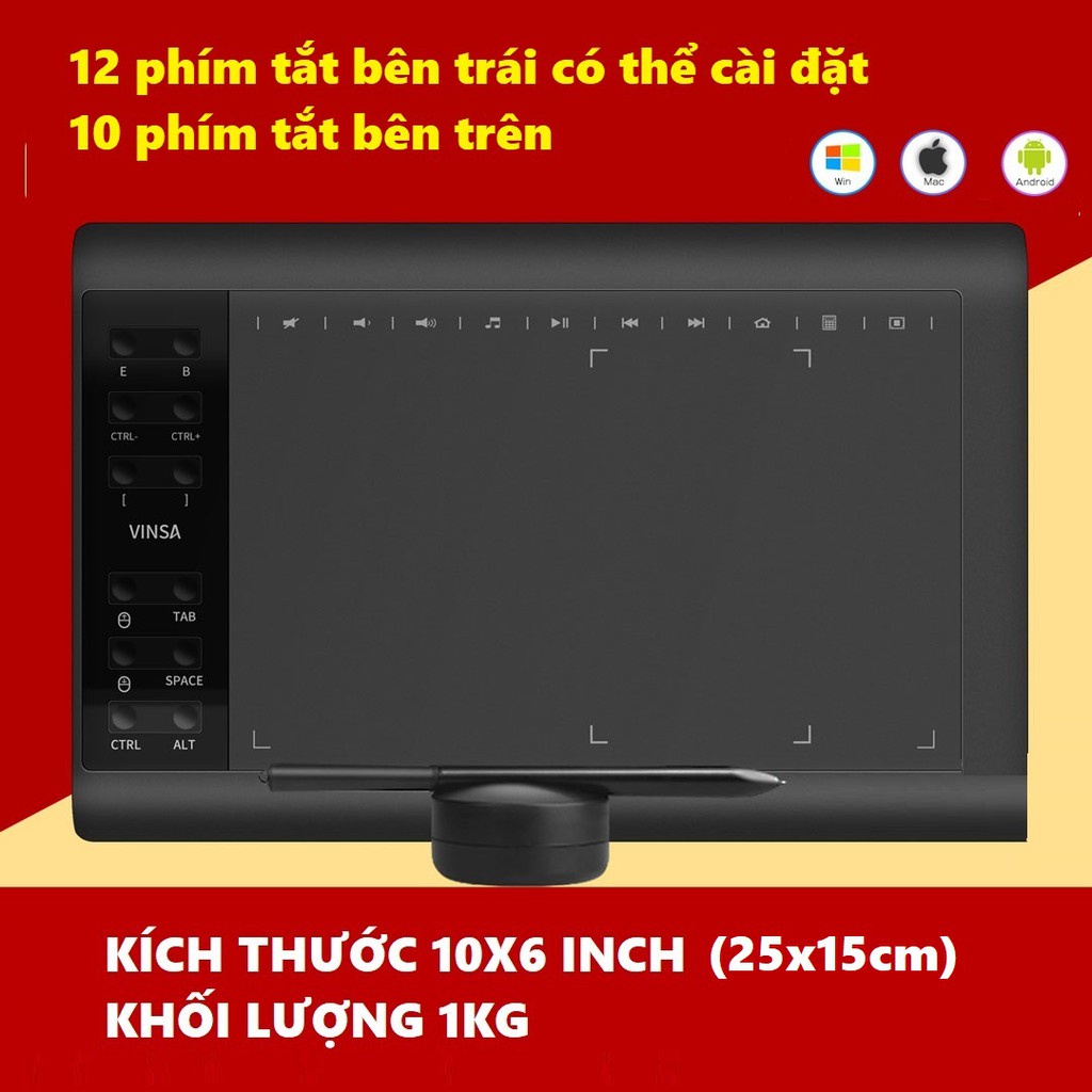 Bảng vẽ điện tử, Bảng điện tử VINSA 1060Plus [ HÀNG CHÍNH HÃNG] - bản quốc tế nâng cấp  so với Gaomon 1060