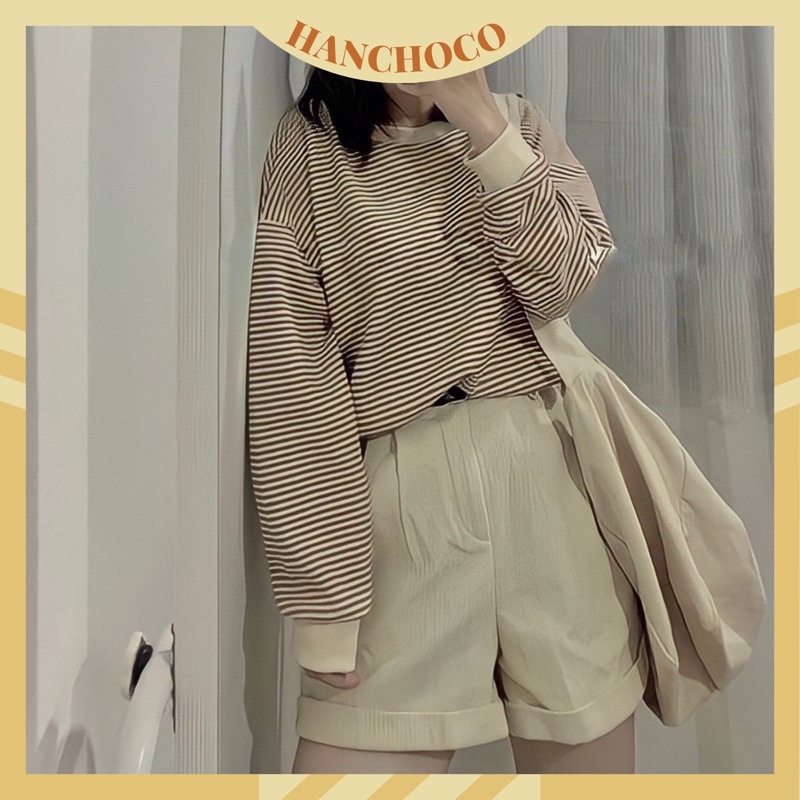 Quần sooc nhung tăm gấp gấu lưng cao không kèm đai HANCHOCO STORE