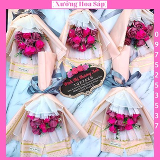 Hoa hồng sáp bó 11 bông hoa hồng sáp hồng phối giấy hồng. hàng 3 lớp loại 1. quà tặng - sale bán giá sỉ - hottrend