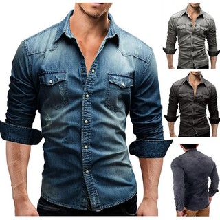 Áo Sơ Mi Chất Liệu Denim Dài Tay Có Túi Thời Trang Cho Nam