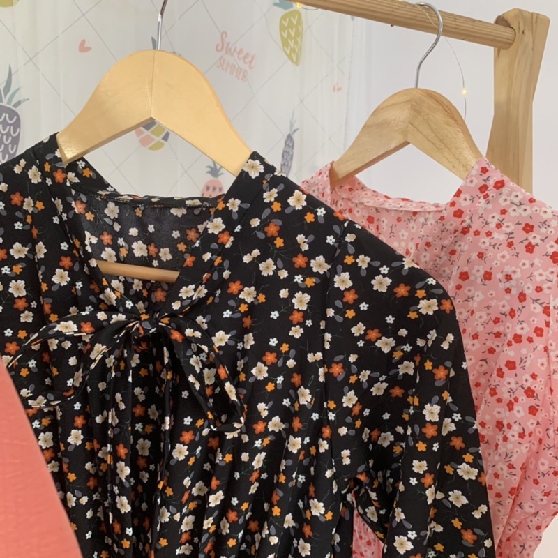 Đầm hoa nhí cột nơ cổ dáng dài siêu dễ thương, Váy hoa nhí dáng dài vintage
