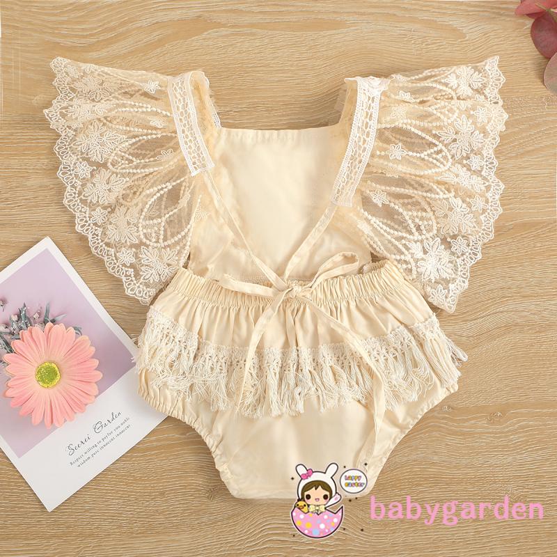 Bộ áo liền quần tay cánh tiên màu trơn phối ren thời trang cho bé gái