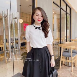 Set áo cổ nơ + chân váy xòe