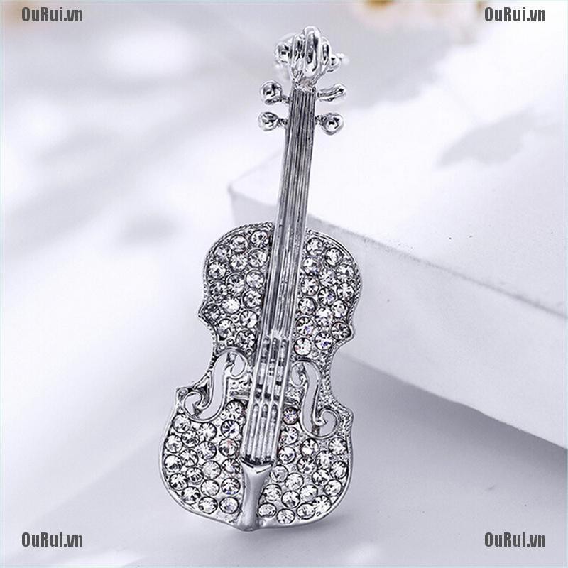 {FCC}Trâm cài hình cây đàn violin mạ vàng bạc đính đá thời trang{OuRui.vn}