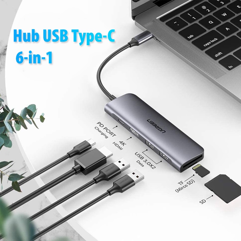 HUB bộ chuyển đổi USB Type C sang HDMI/USB 3.0/SD/TF hỗ trợ sạc cổng USB Type-C chính hãng Ugreen 70411