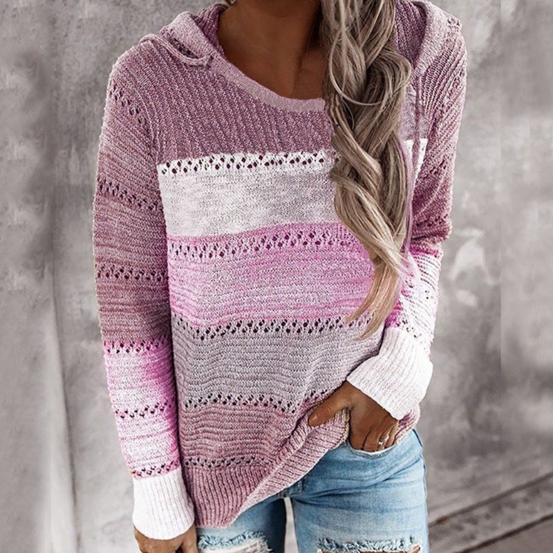 Áo Sweater Dệt Kim Cổ Tròn Tay Dài Họa Tiết Kẻ Sọc Khoét Lỗ Thời Trang Cho Nữ