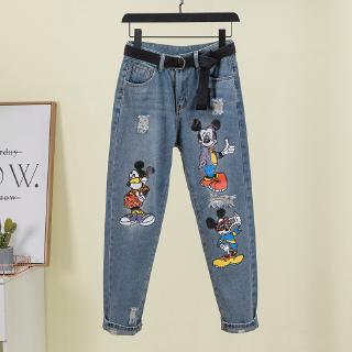 Quần ống rộng eo cao vừa phải Quần áo bé gái Quần jean Mickey Nữ rách in hình thời trang Denim Quần dài đến mắt cá chân dáng rộng dáng ôm hơn Quần ống rộng chải