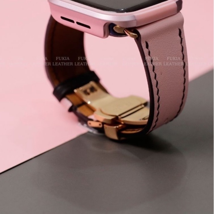 Dây da thủ công Swift Hồng Mix chỉ Đen cho Apple Watch Series 1/2/3/4/5/6/7/SE, đồng hồ thông minh, đồng hồ cơ DDTC102