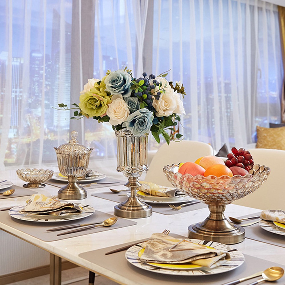 Bộ 4 Món Phụ Kiện Bàn Ăn Khay Đựng Hoa Qủa Bánh Kẹo, Hộp Đựng Hạt Khô Mứt, Bình Hoa Thủy Tinh Cao Cấp Phong Cách Cổ Điển
