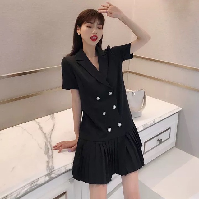 [ORDER] VÁY / ĐẦM CÀI CÚC HAI HÀNG ULZZANG MÀU XANH, ĐEN