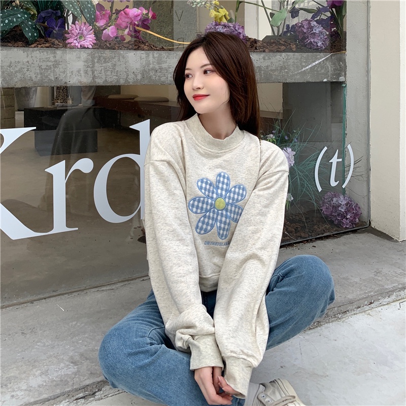 Áo sweater SUXI thể thao tay dài dáng rộng họa tiết hoa xinh xắn dễ phối đồ cho nữ