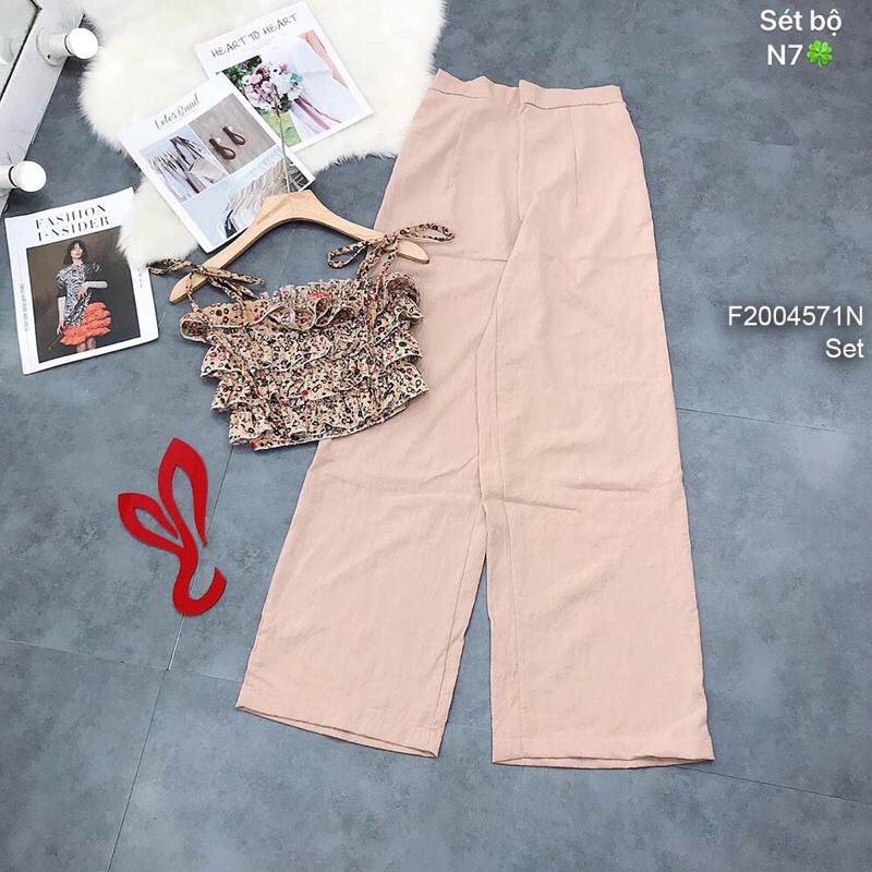 Set áo hoa croptop bèo tầng 2 dây thắt nơ vai phối quần suông!