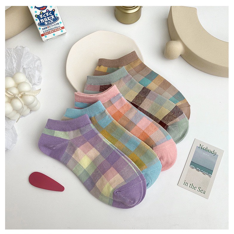 Vớ Tất cổ ngắn Caro Màu Unisex Cotton Họa Tiết Retro Phong cách Nhật Hàn Hot Trend Ulzzang Vớ ngắn cổ Nam nữ Thời trang