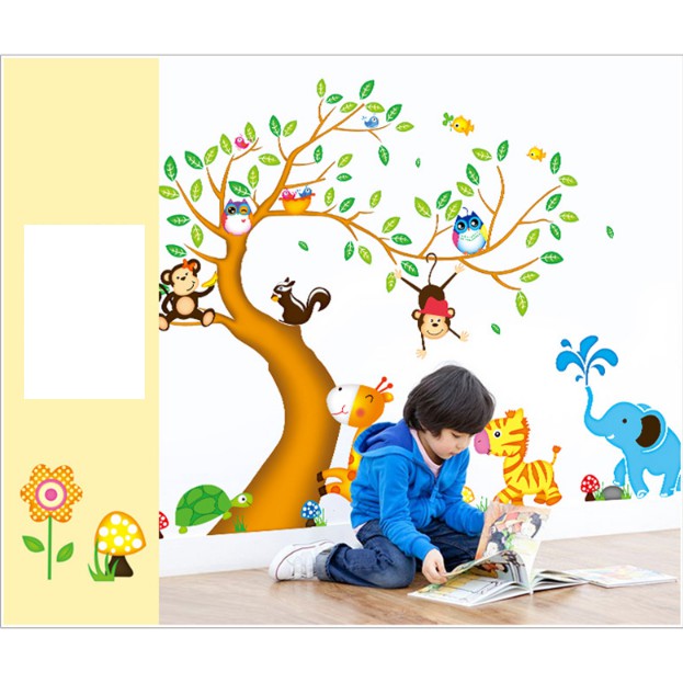 Decal trang trí tường - Thân Cây lá sắc màu vòng cung và các thú vui chơi ( 60X90cmx2 )