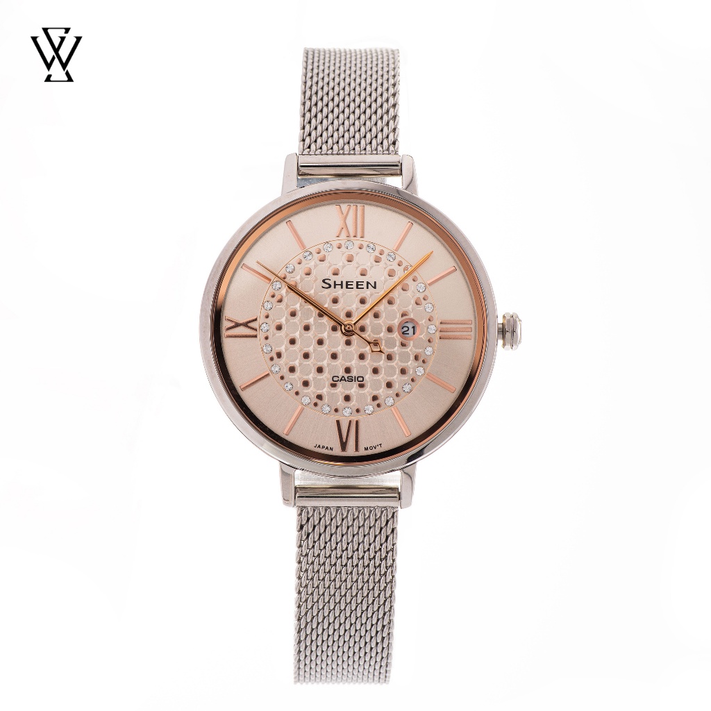 Đồng Hồ Quartz Nữ Casio Sheen WATCHSTORE SHE-4059M-4AUDF Thiết Kế Mặt Kính Khoáng 34mm, Dây Kim Loại, Vỏ Thép Không Gỉ