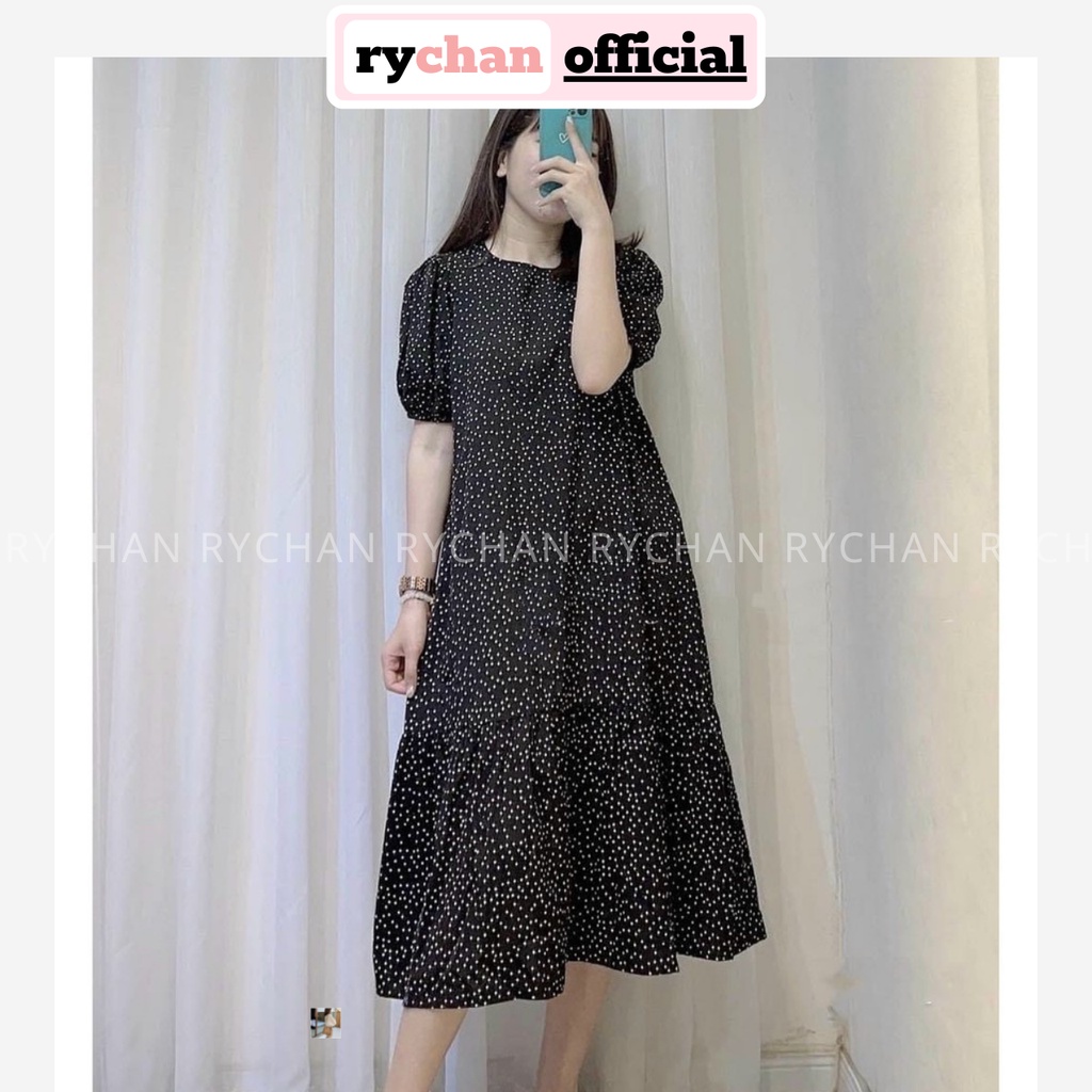 Đầm Suông Chấm Bi Tay Phồng Đuôi Viền Bèo  - DS0036