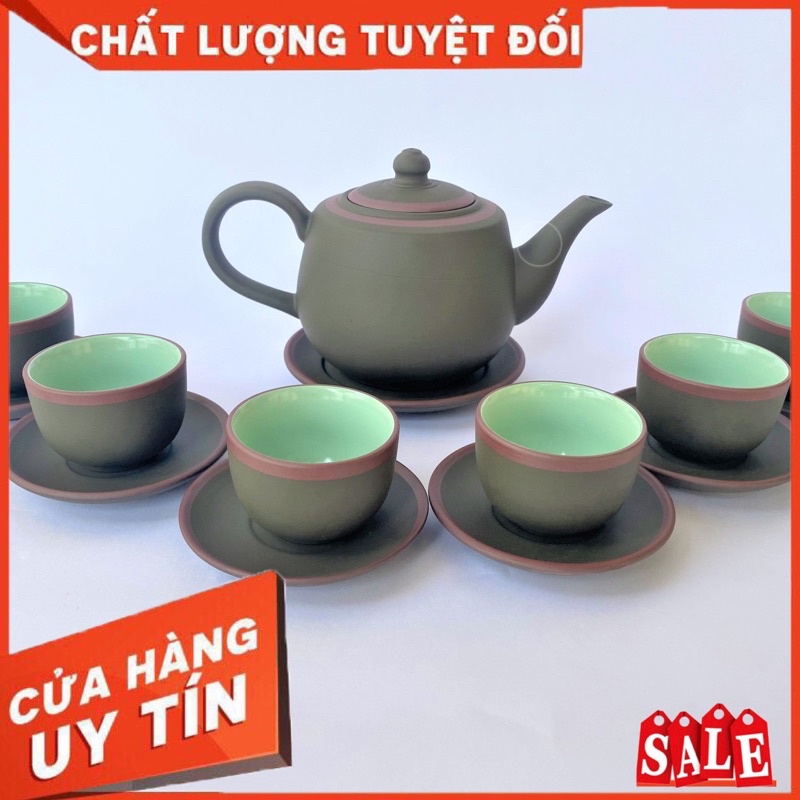 Bộ ấm chén gốm tử sa Bát Tràng dáng Búp Sen xanh chỉ đỏ