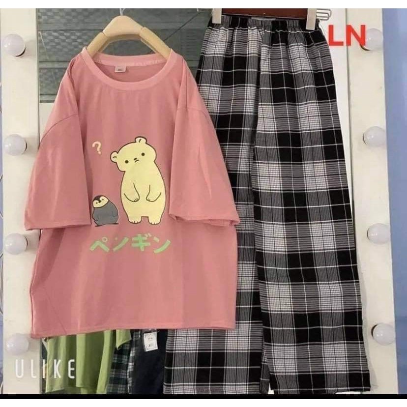 ▤♈☊Set bộ đồ áo phông gấu vàng form thụng + quần kẻ ống rộng mặc ở nhà đi chơi đẹp