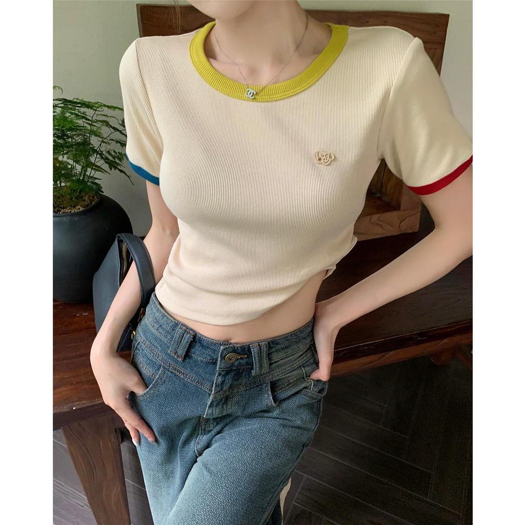 Áo Thun Dệt Kim Cổ Tròn Ngắn Tay Dáng Ôm Màu Sắc Tương Phản Thời Trang 6305