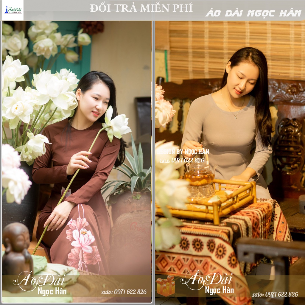 Áo Dài Cách Tân  Đi Lễ Chùa Họa Tiết Thêu Hoa Sen A80