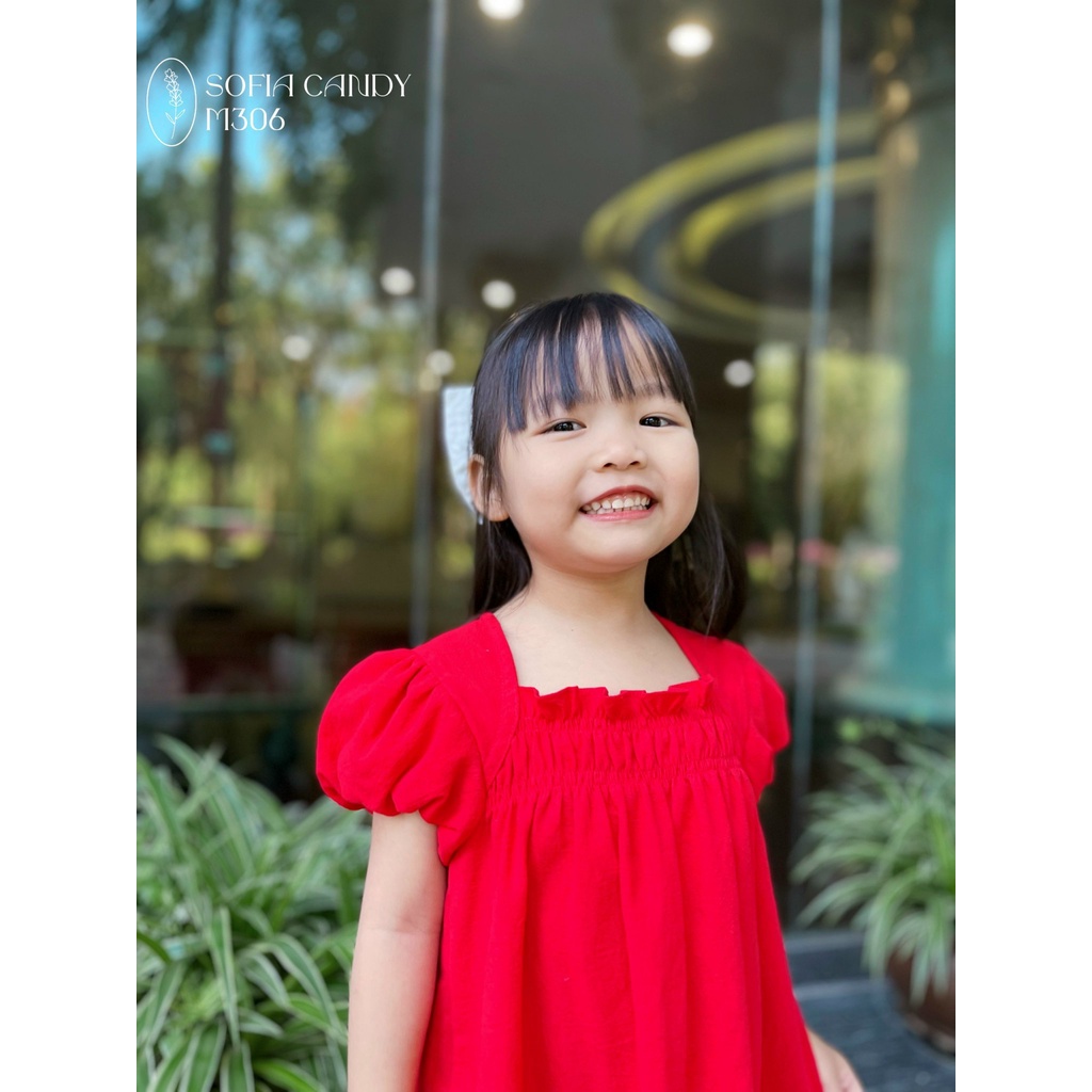 Váy Linen Đũi Babydoll Màu Đỏ Tay Bồng 2 Lớp, Cổ Smock Nút Lưng Đẹp Tuyệt