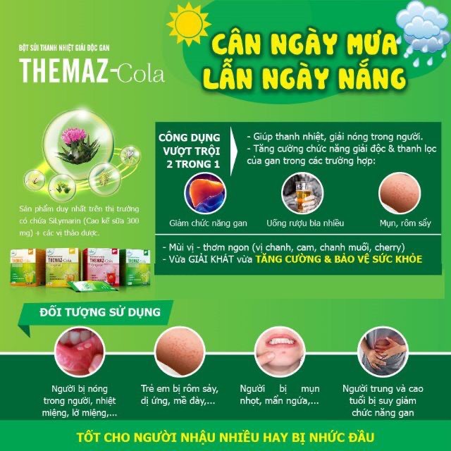 [Chính hãng] Bột Sủi Thanh Nhiệt Themaz Cola Giải Độc Gan, Giảm Nóng Trong Người, Nhiệt Miệng, Mẩn Ngứa - Hộp 10 Gói