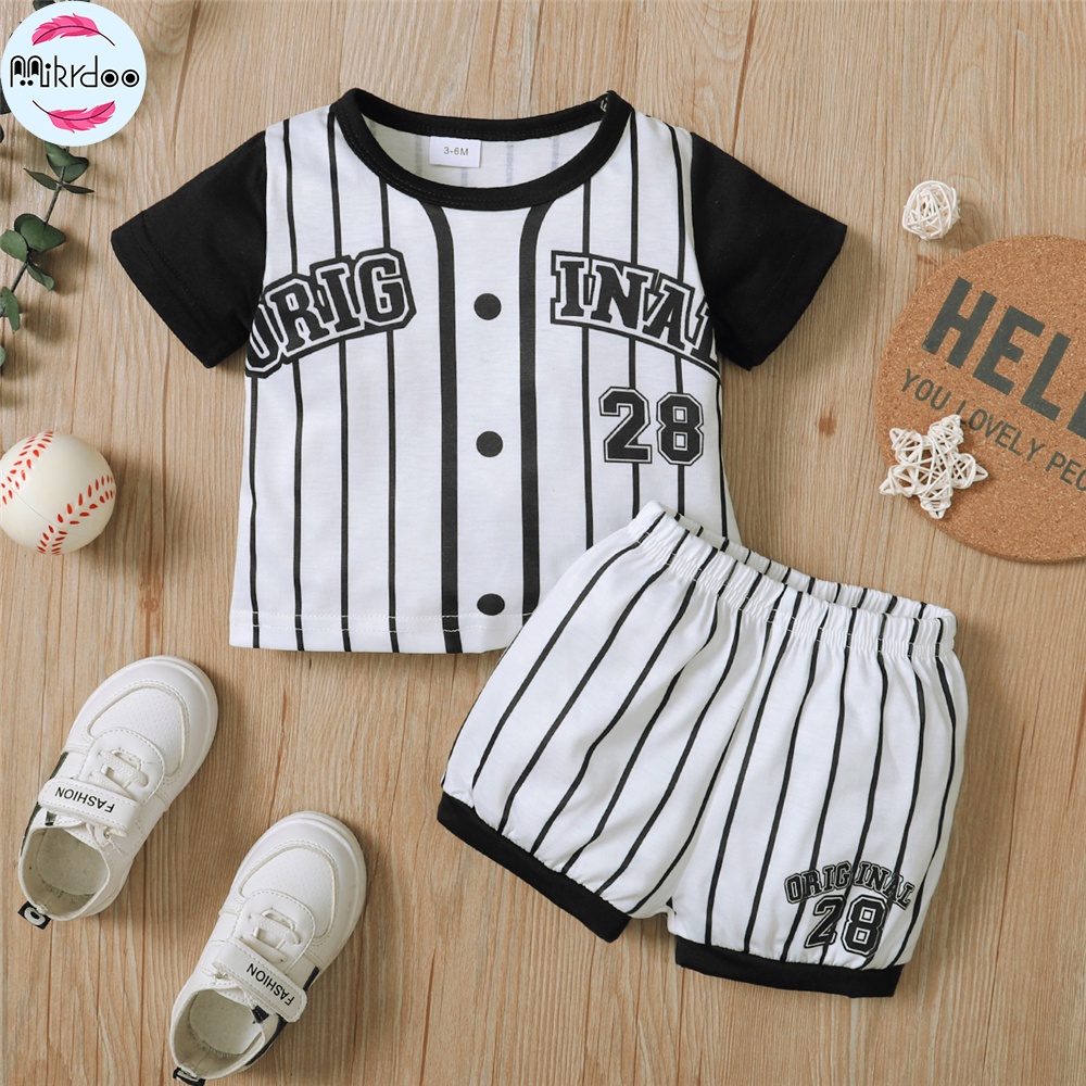 Set đồ 2 món Mikrdoo gồm áo thun ngắn tay + quần short thể thao in họa tiết kẻ sọc/ chữ + số 28 cho bé trai 0-2 tuổi