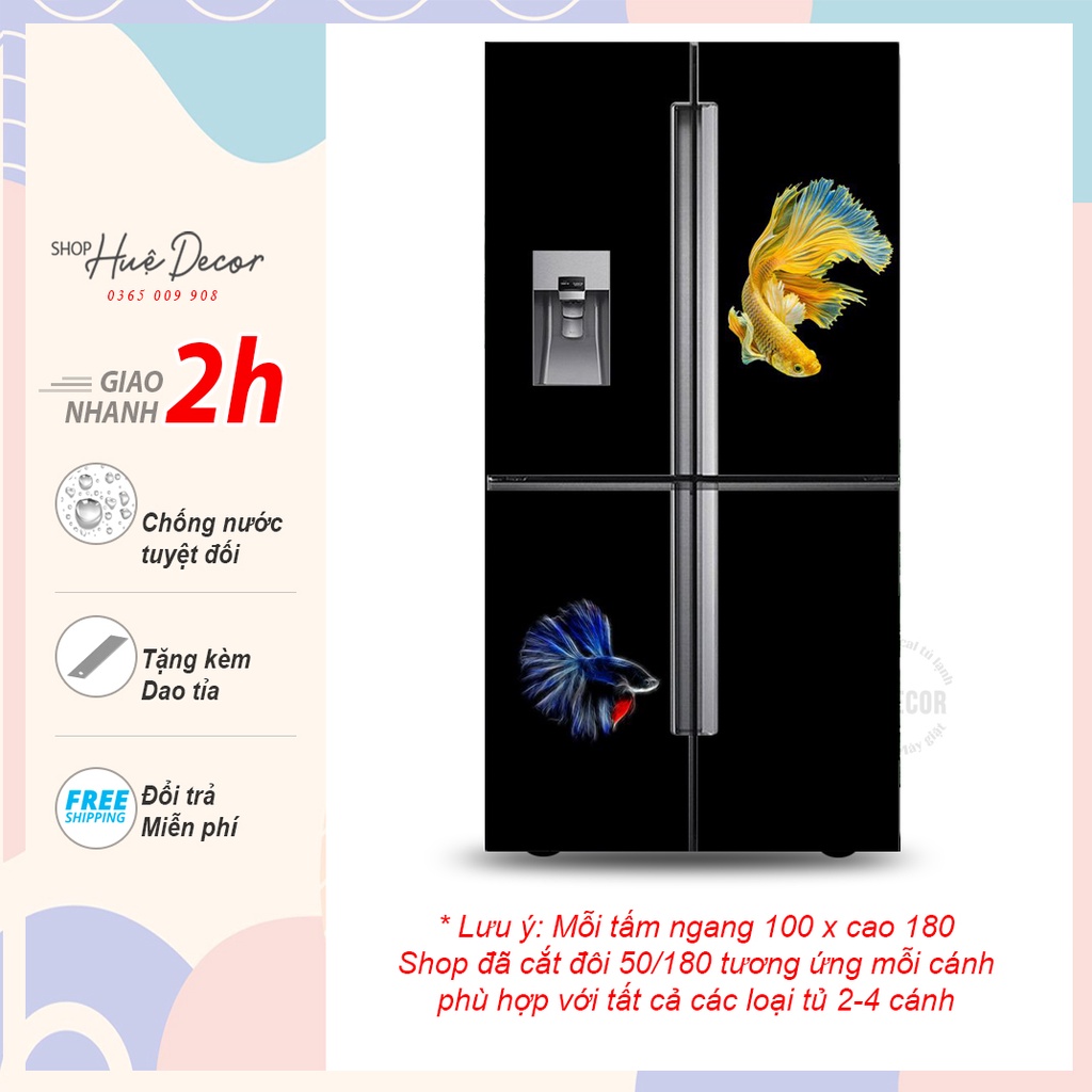 Giấy dán decal tủ lạnh side by side 2 cánh, 4 cánh Cá cảnh Betta