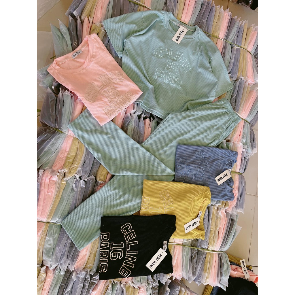 Đồ bộ nữ, set đồ bộ quần baggy đai cao có túi và áo croptop ngắn tay form rộng THÊU CHỮ vải thun cotton gân borip dày