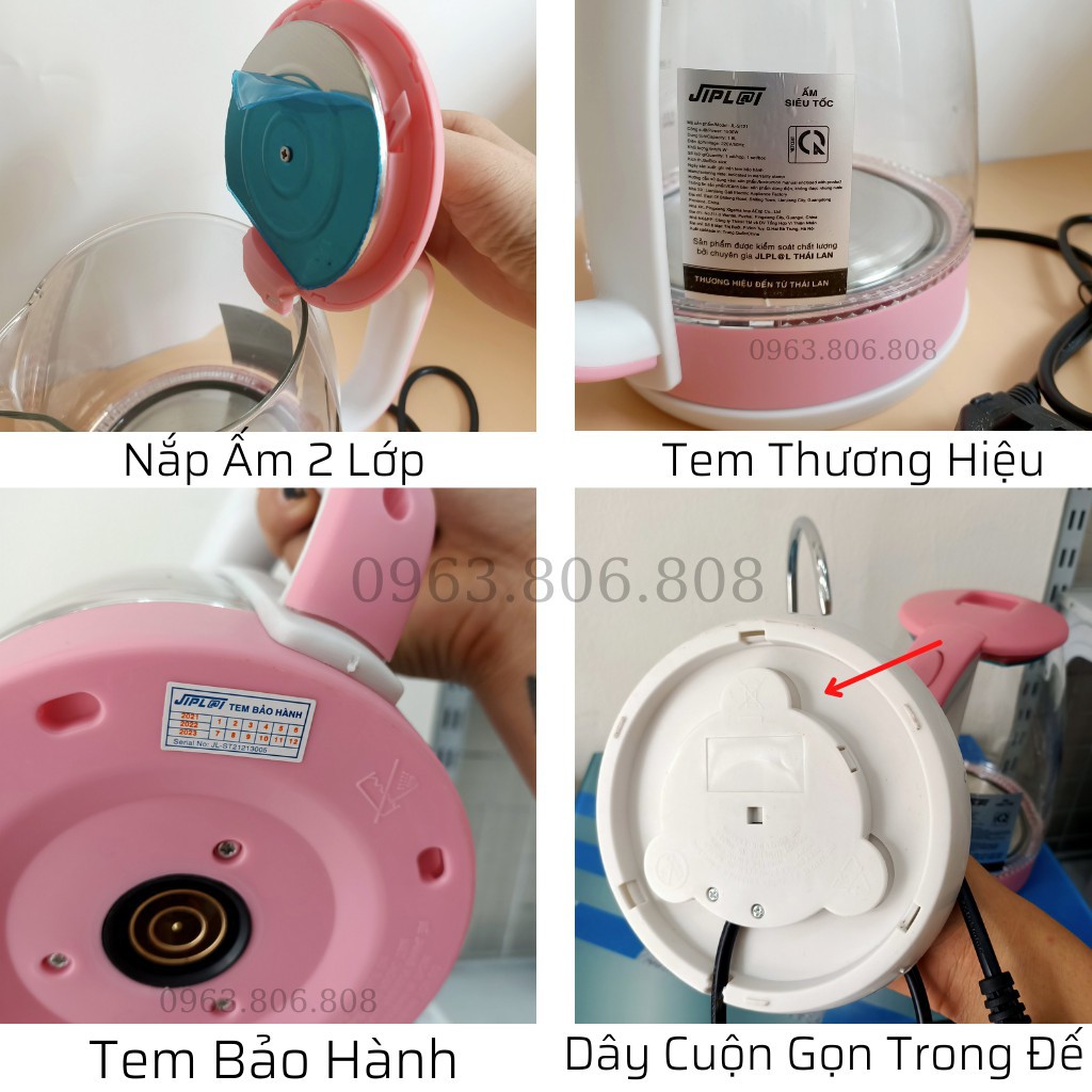 Ấm Siêu Tốc Thủy Tinh Jiplai Thái Lan -Ấm Siêu Tốc 2 lớp jiplai- ấm Đun Siêu Tốc Mini Inox 1.8l-GIADUNGCHIP