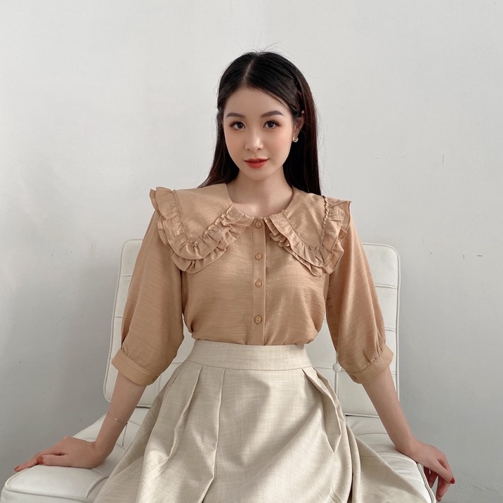 Áo sơ mi tay lỡ FANSIX - A20 sơ mi công sở phối cổ bèo nữ tính, chất vải lụa tơ mềm mại | BigBuy360 - bigbuy360.vn