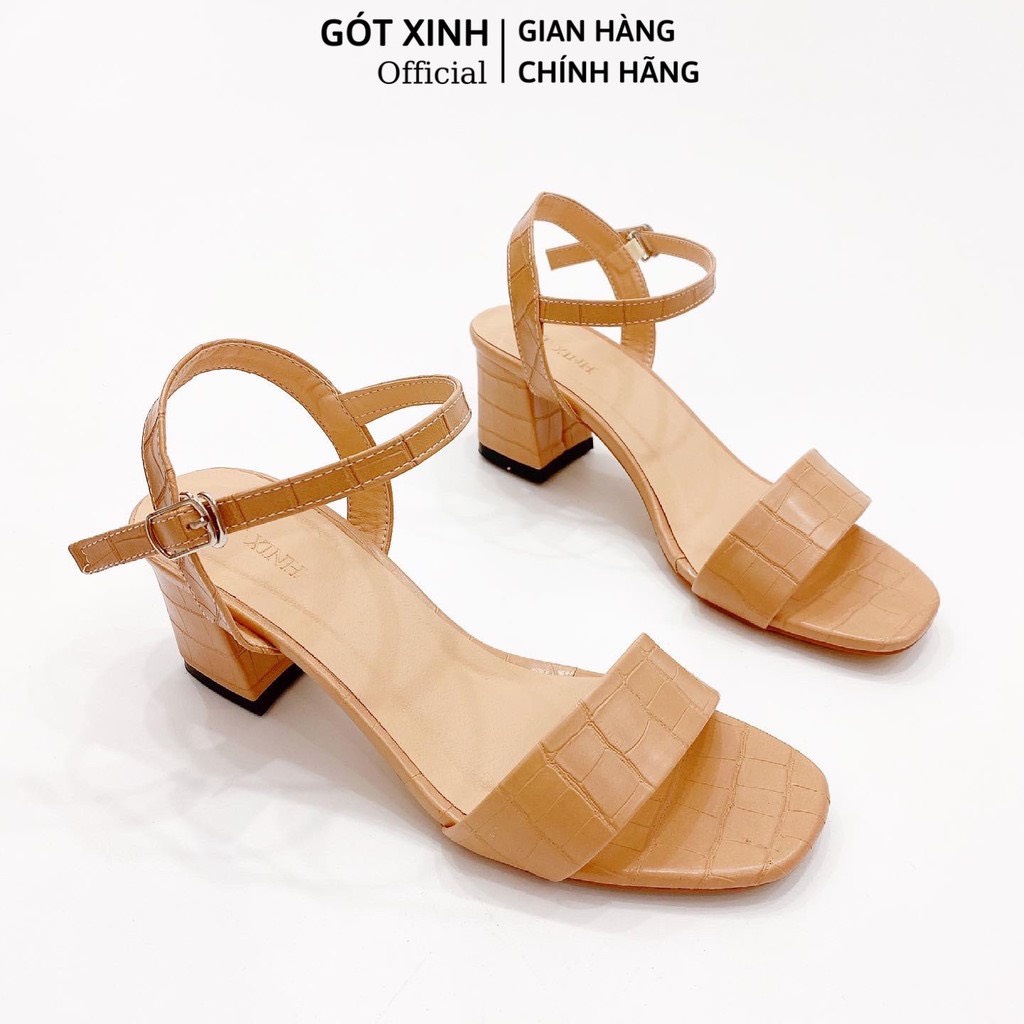 Sandal cao gót nữ GÓT XINH GD22 màu trắng quai ngang dập vân da rắn đế cao 5cm gót trụ vuông