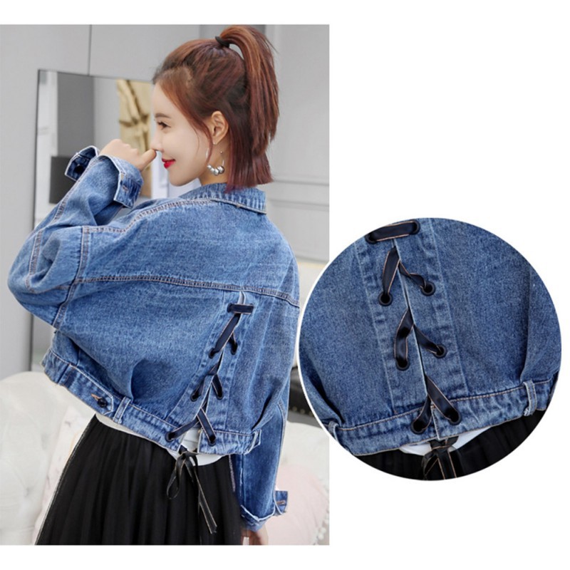 Áo khoác denim tay dài thiết kế cổ bẻ thanh lịch